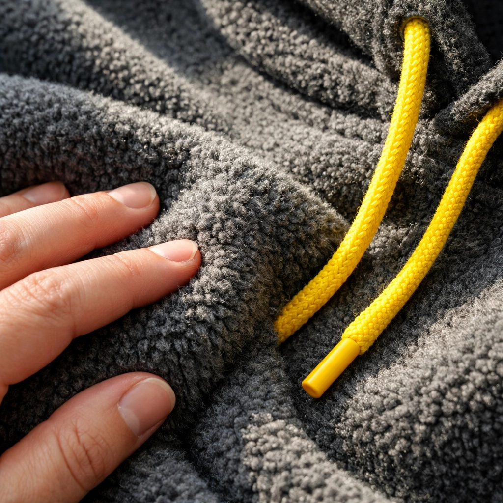 Soft premium fleece fabric close-up of a charcoal grey gym hoodie for custom screen printing.