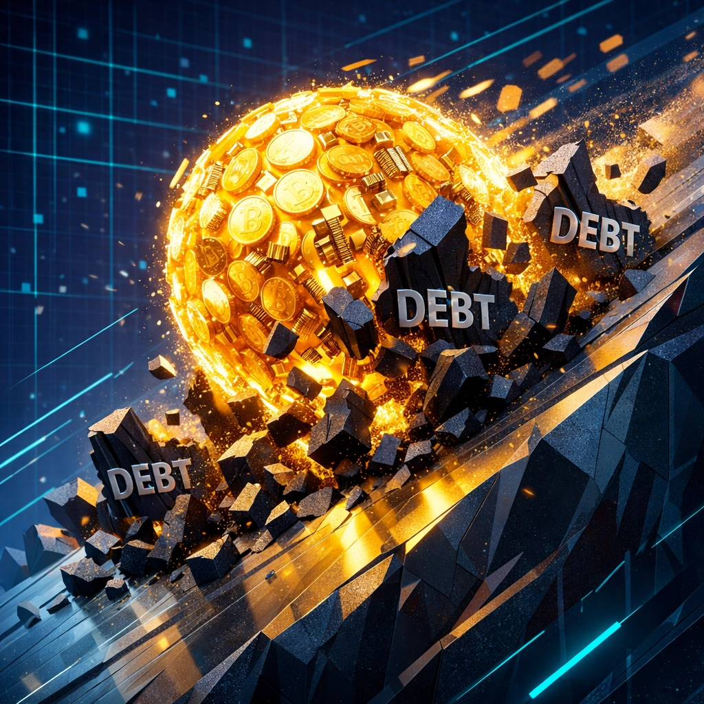 A glowing snowball of coins crushing debt pillars, representing the effective debt avalanche strategy for credit repair.