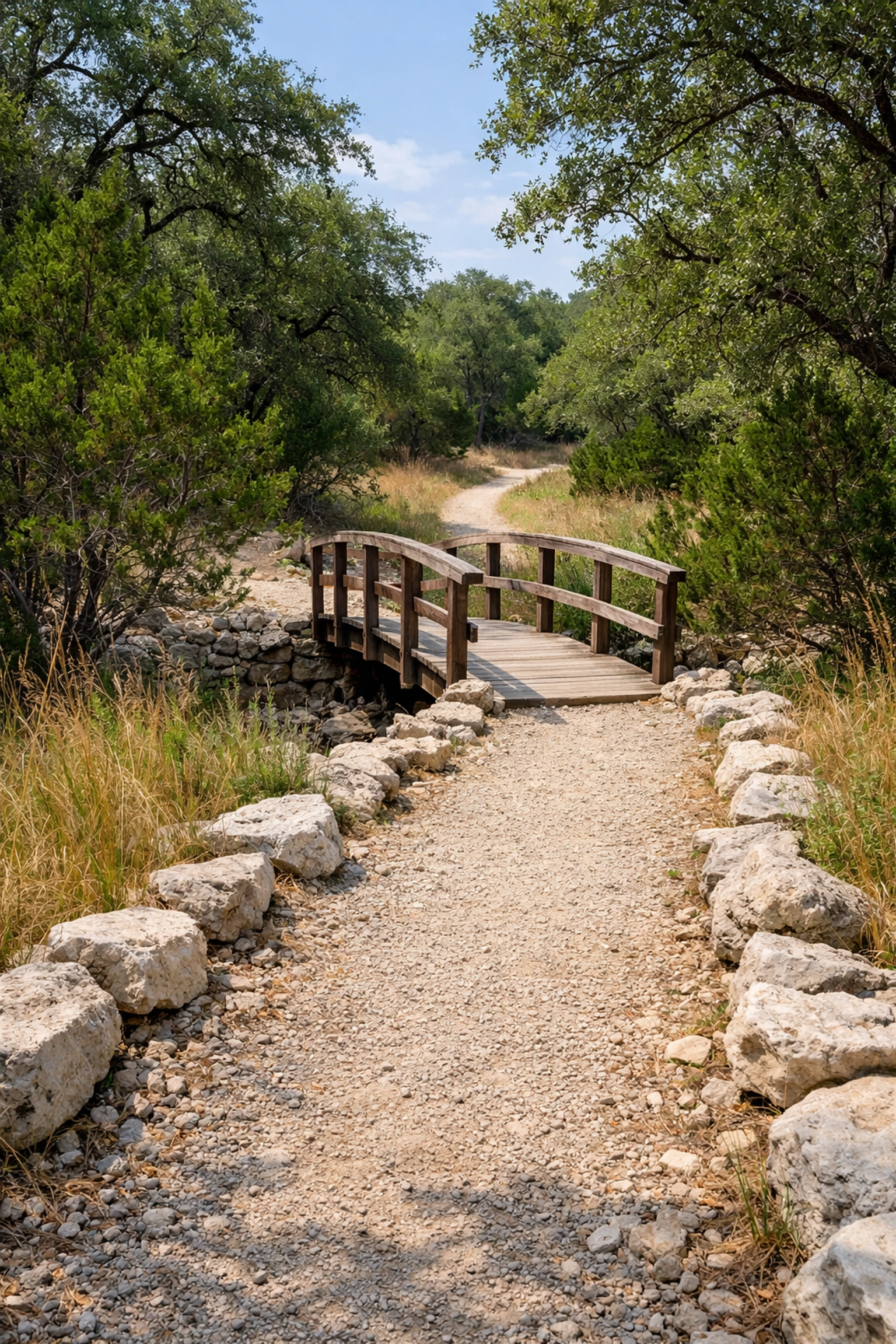 Winding nature trail and wooden footbridge at the Huebner-Onion Natural Area in Leon Valley.