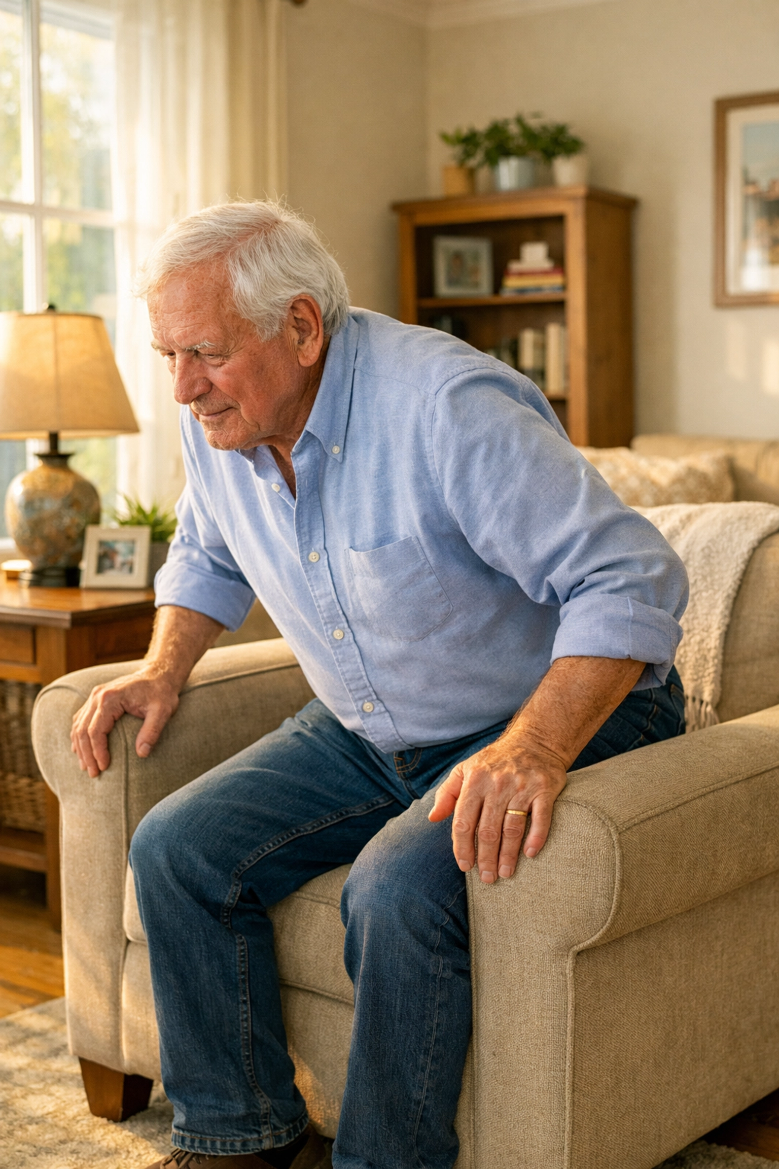 Senior man practicing sit-to-stand exercise from armchair to improve fall recovery ability