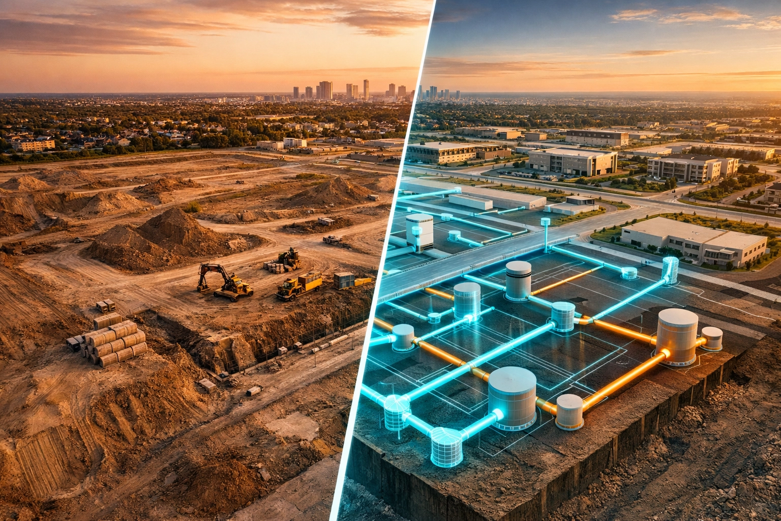 Aerial view of Ontario development project showing compliant storm system and sanitary sewer design infrastructure.