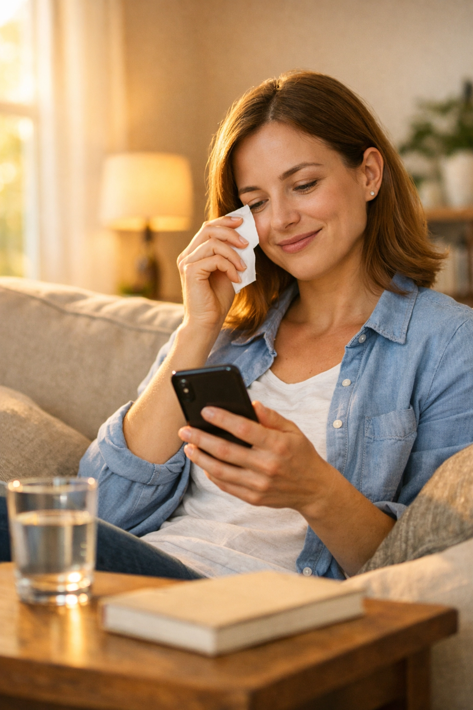 Woman using smartphone for online pink eye treatment from home