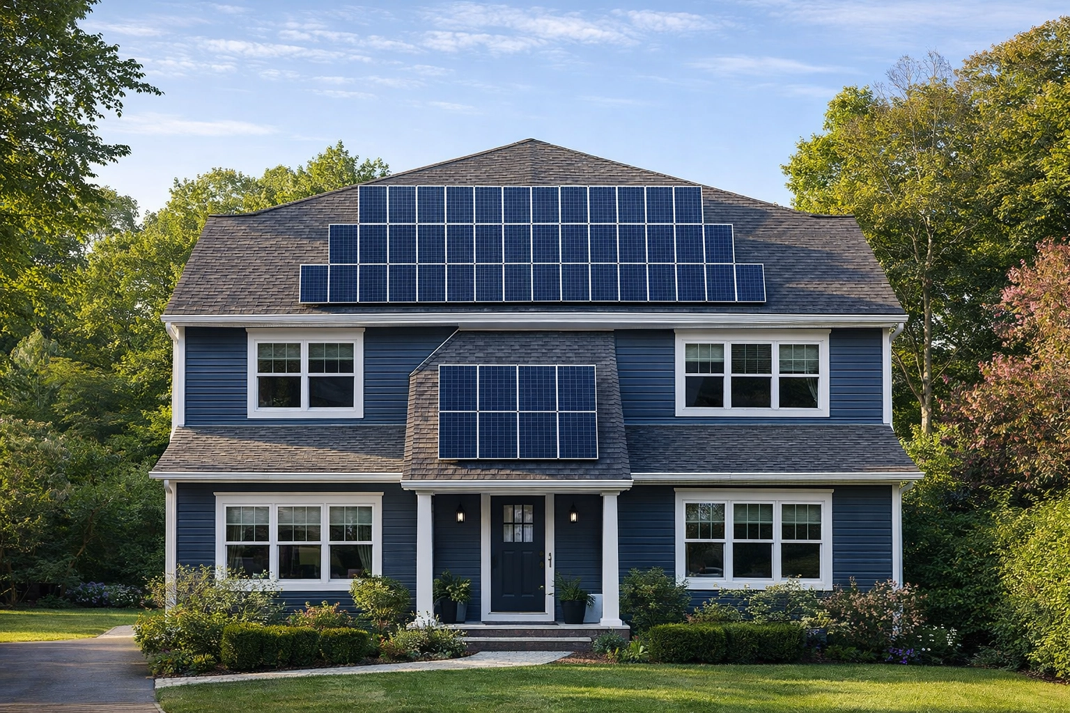 Residential solar panel installation on suburban home rooftop