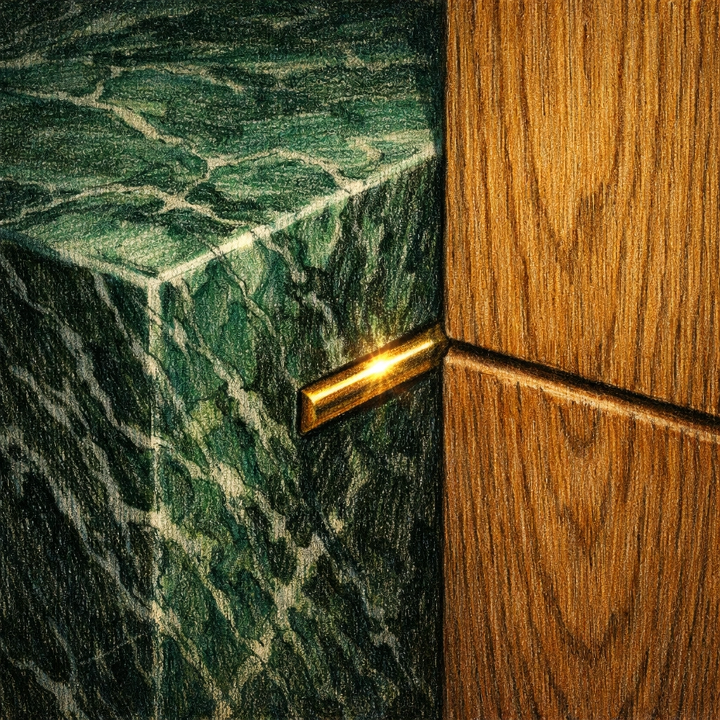 Sustainable hotel architecture materials featuring green marble and natural oak wood textures.