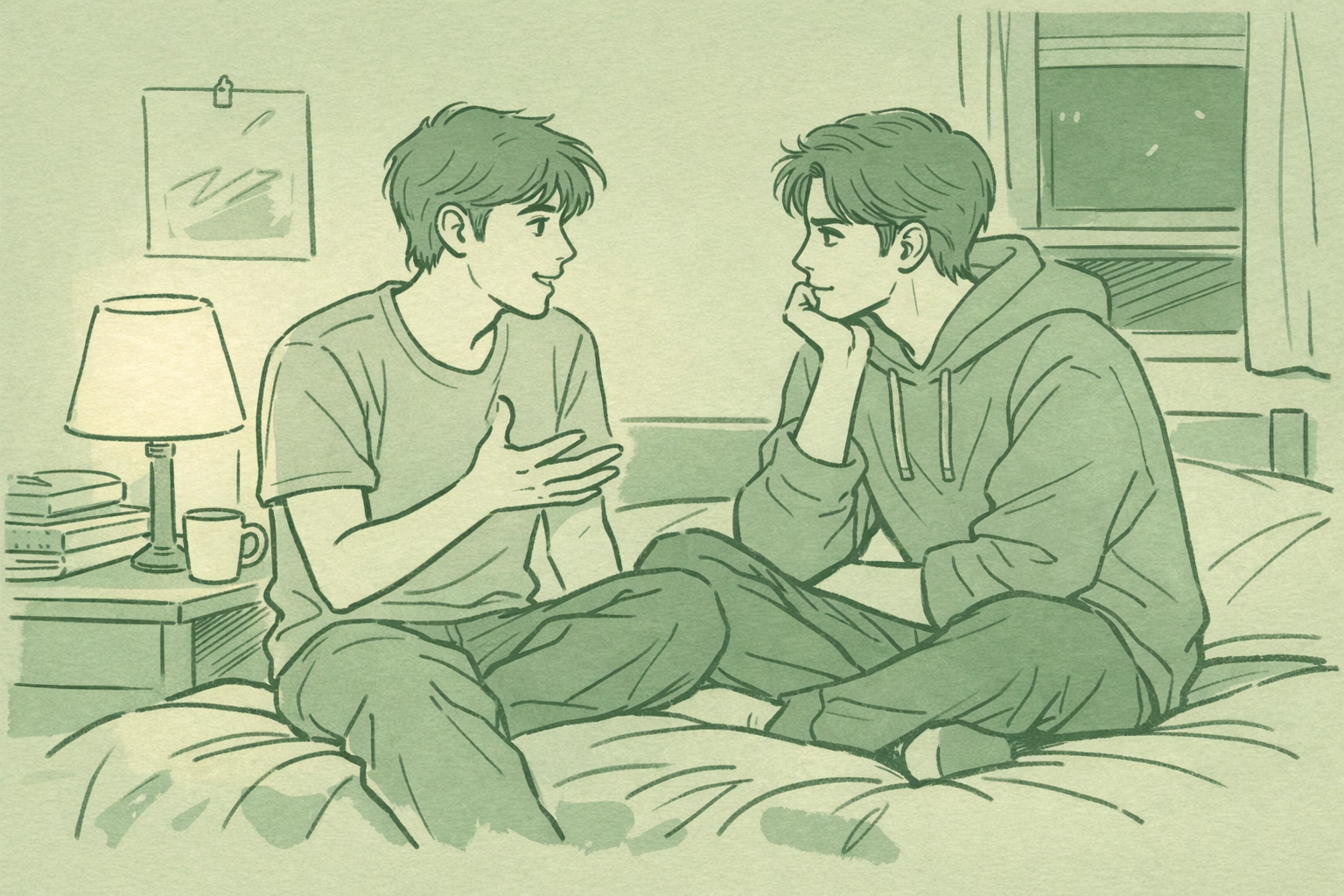 Two gay male students in deep conversation on dorm bed at night - coming out support and friendship