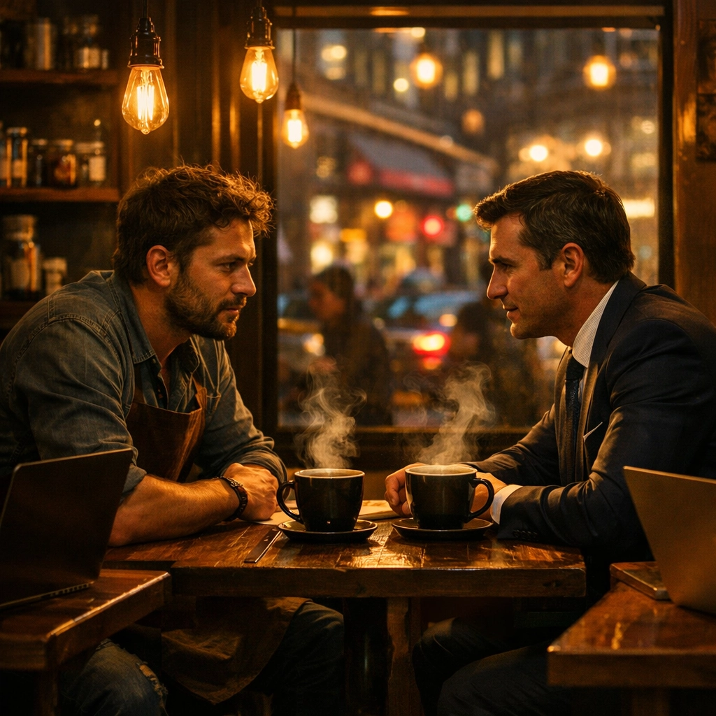 Coffee shop owner and corporate consultant MM romance scene in cozy cafe setting