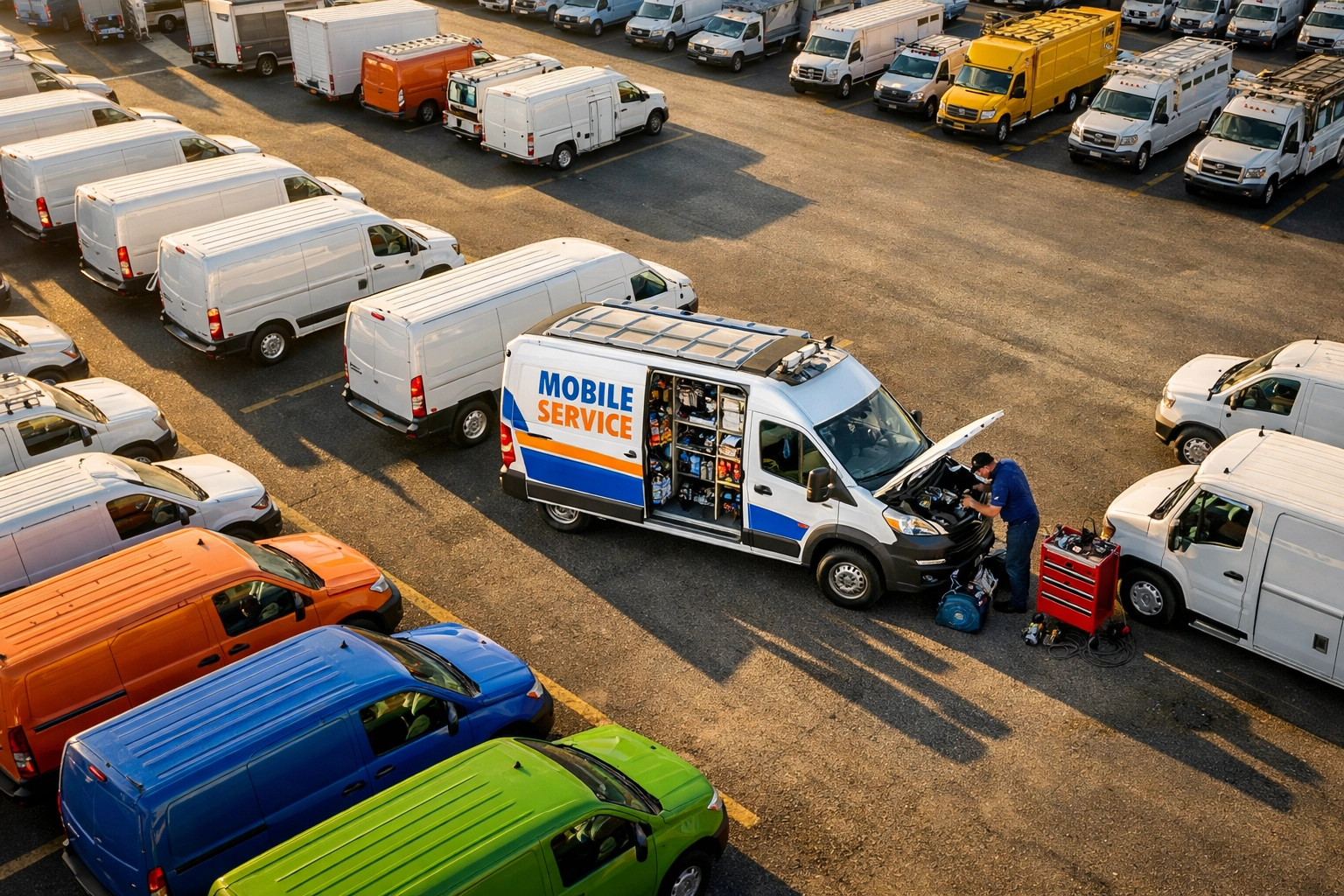 Fleet of commercial trucks in yard with mobile service vehicle performing maintenance