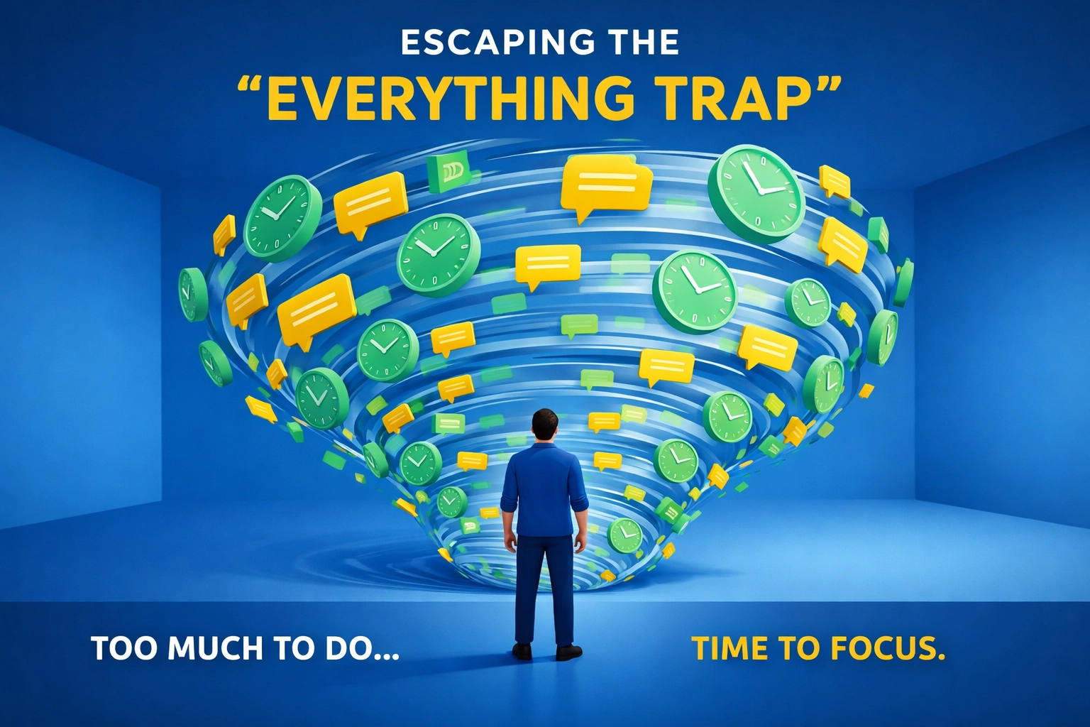 A creative founder surrounded by a vortex of messages, illustrating the everything trap.