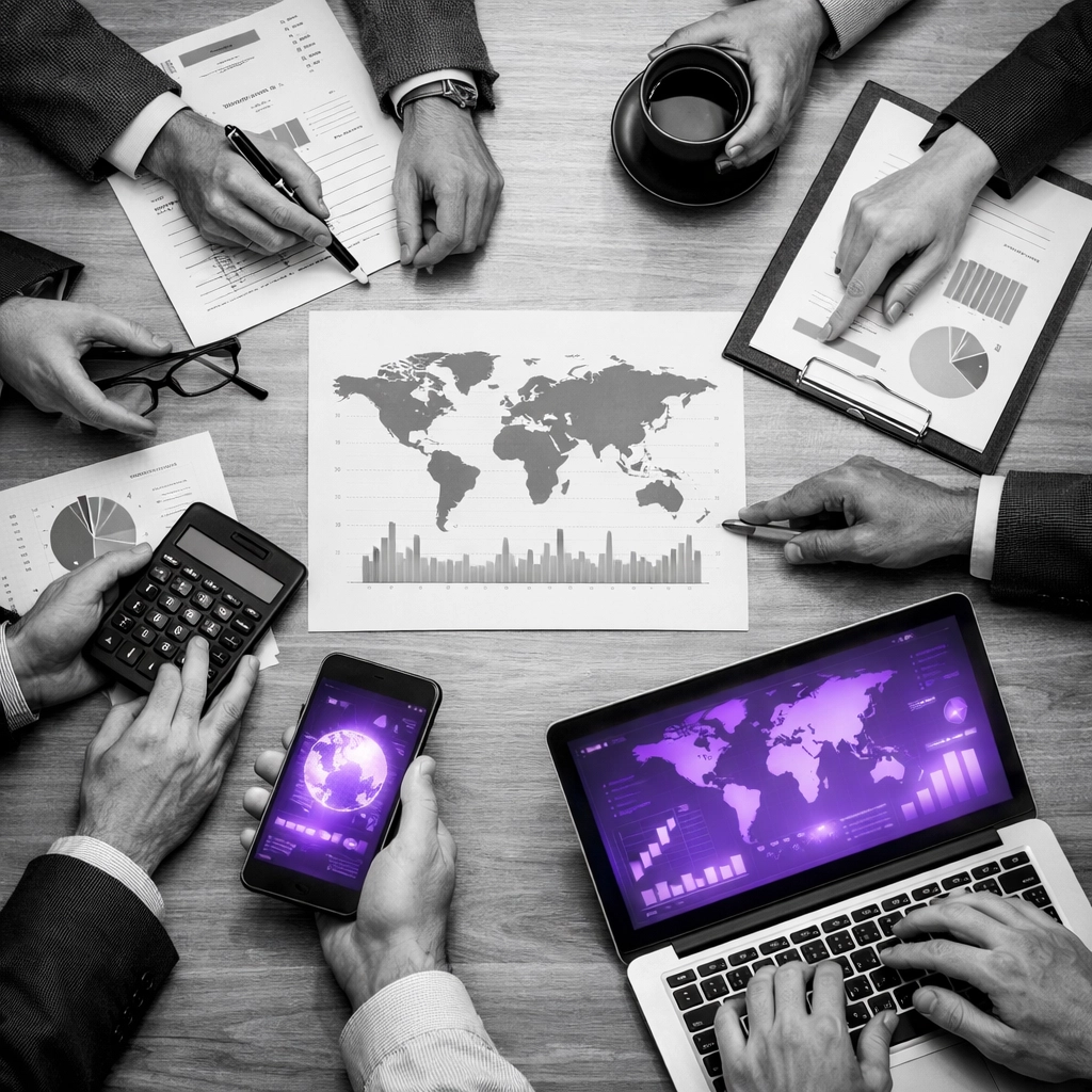 Business professionals collaborating on international supply chain coordination and DPP compliance