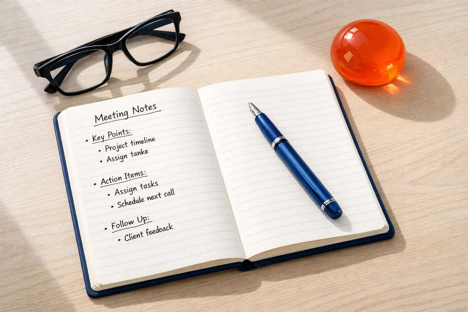 A clean workspace with a journal and pen, representing a clear sales conversation framework and client discovery.