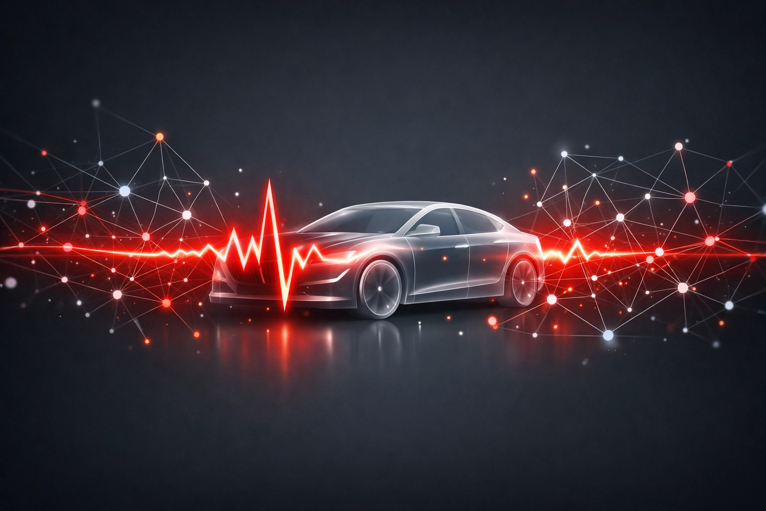 Digital car silhouette with a red pulse wave representing Revive's AI-driven recall tracking and data.
