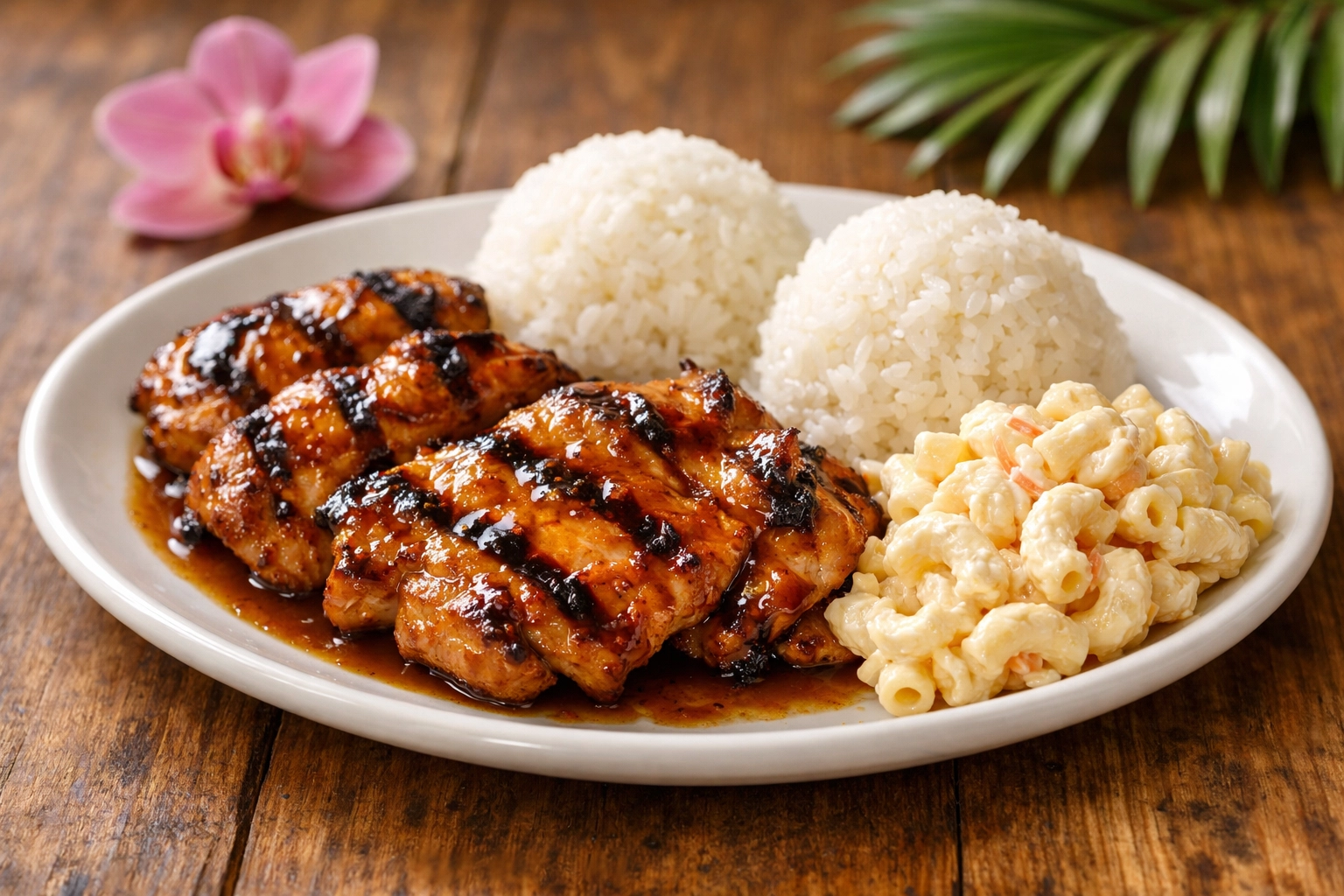 Hawaiian BBQ chicken plate lunch with rice and macaroni salad at L&L in Hamilton Mill