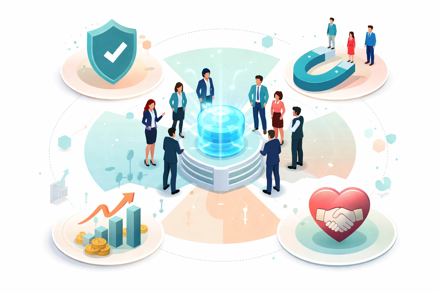 Diverse business professionals collaborating around an AI core, representing how ethical AI drives company growth, trust, and risk management.