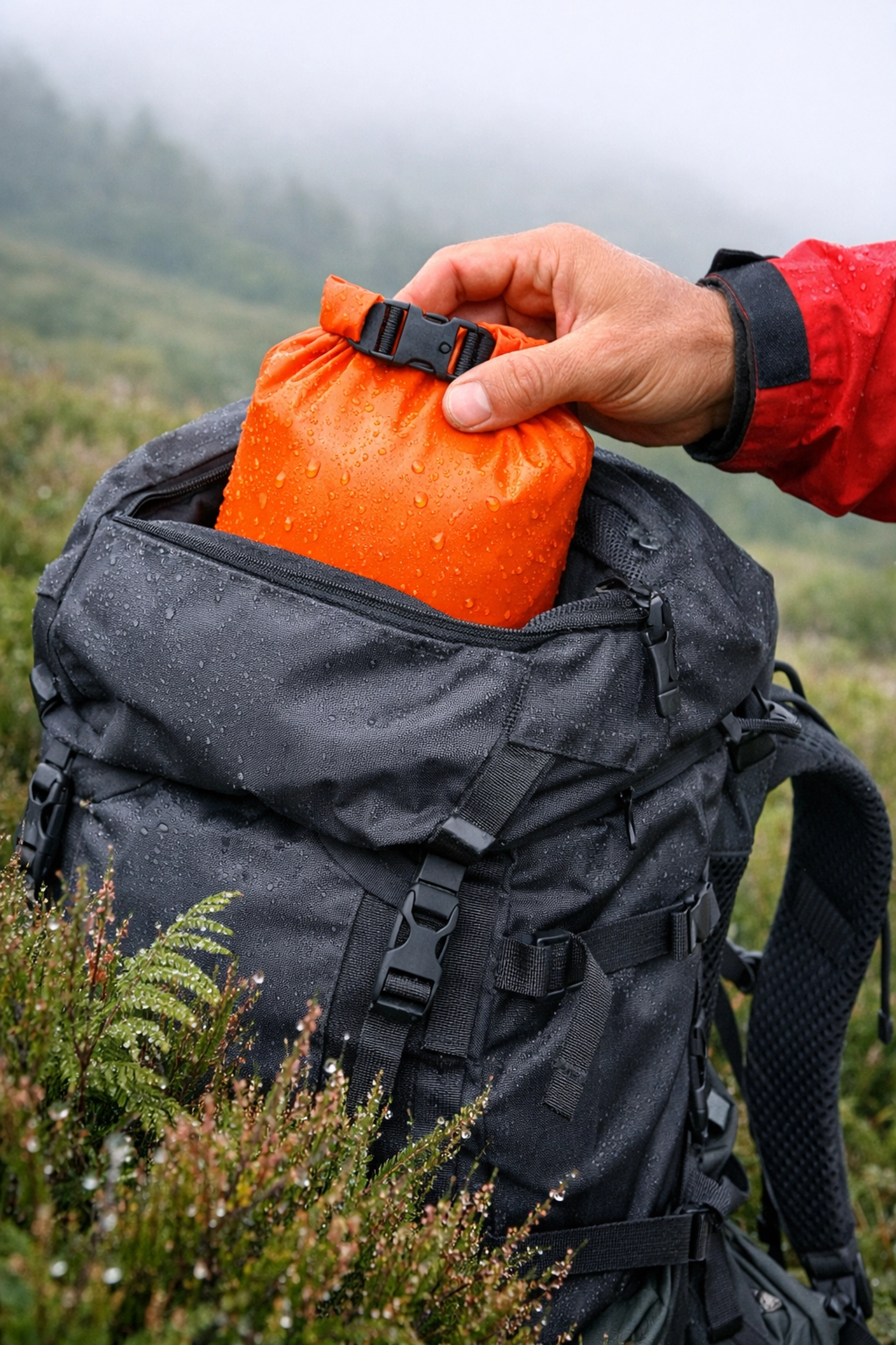 Hiker reaching for a bright orange waterproof dry bag inside a backpack on a misty UK moorland trail.