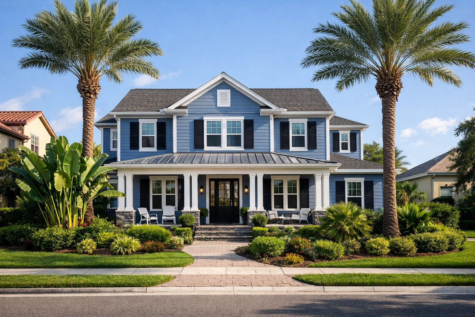 Orlando house painted in coastal blue-gray with white trim and lush Florida landscaping