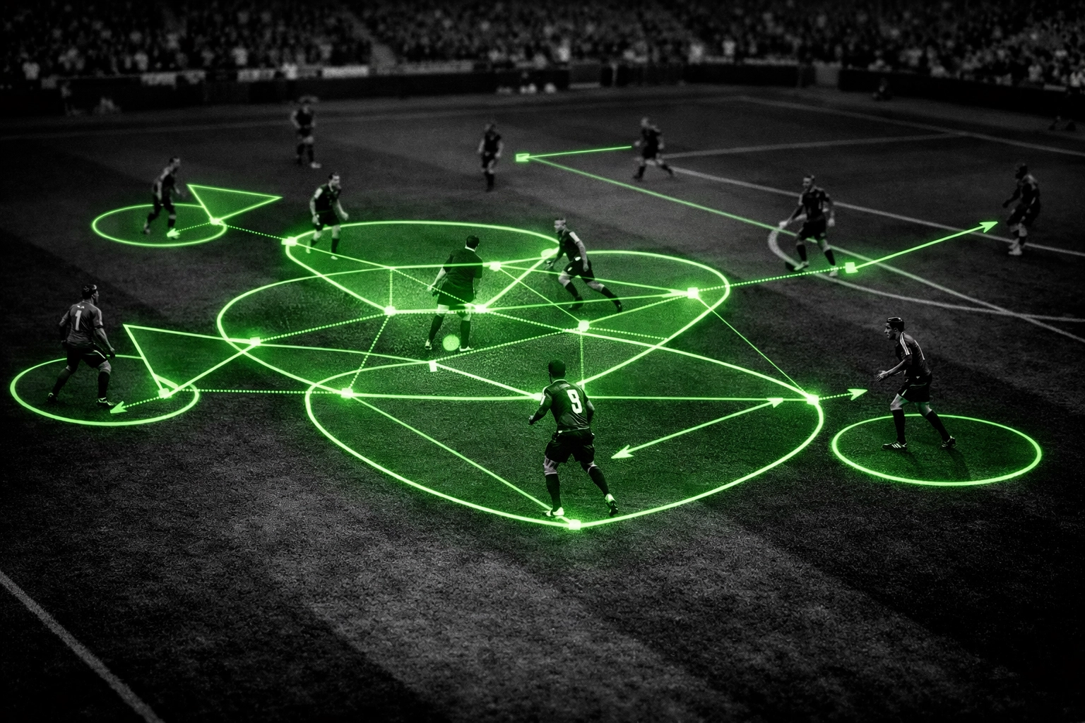 Digital tactical overlay on a football match identifying pressure zones and in-play betting opportunities.