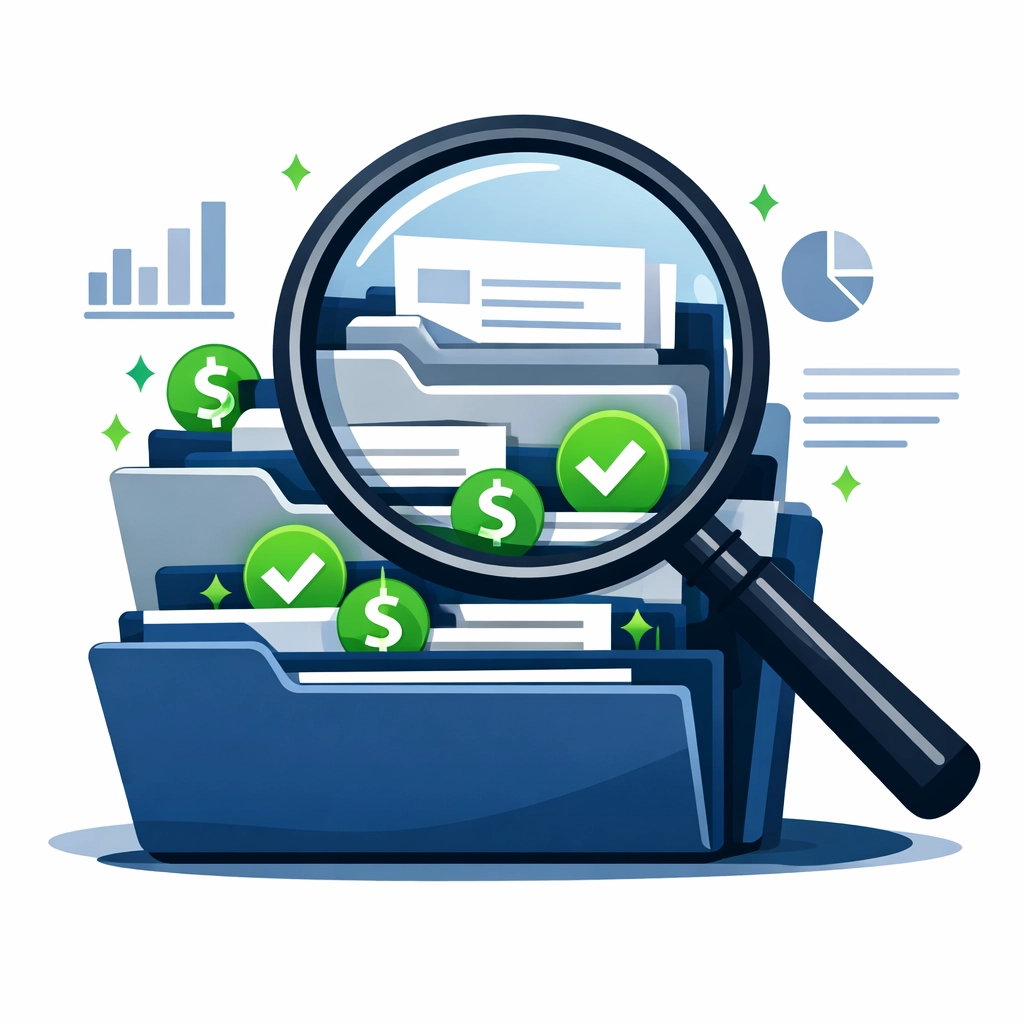 Magnifying glass reviewing tax folders to find missed deductions and maximize tax refunds.