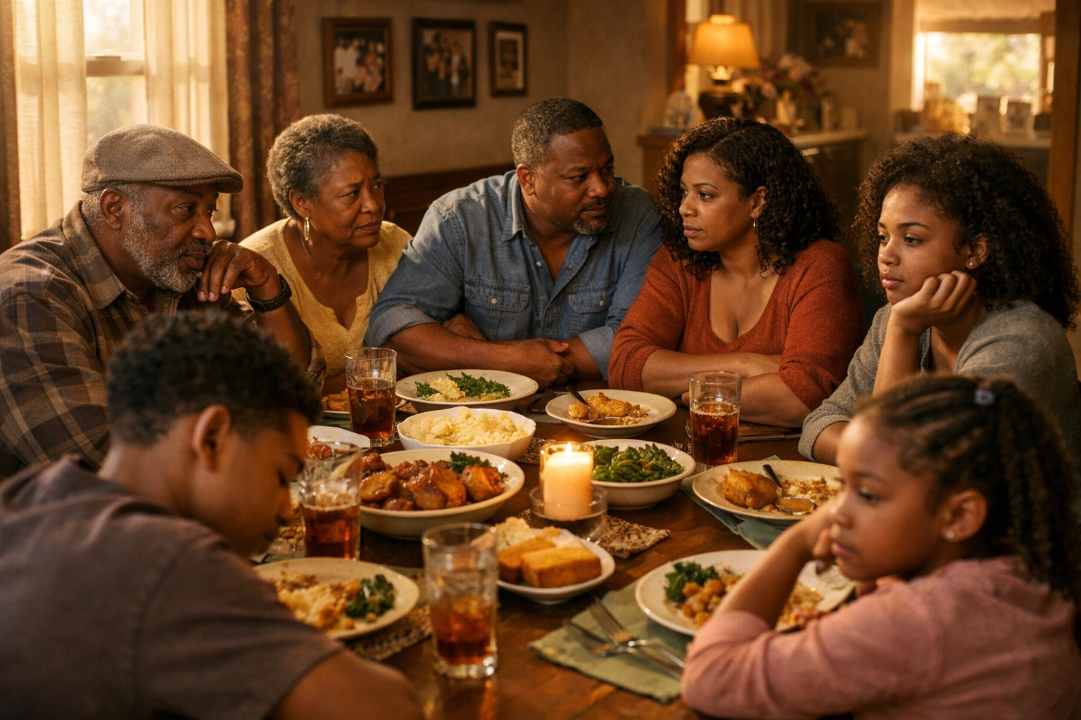 Black family with varying skin tones gathered at dinner table showing complex family dynamics