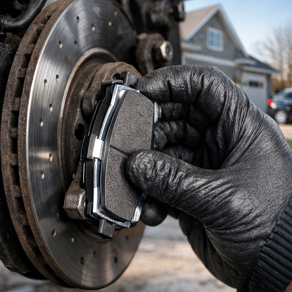 Mobile mechanic in Green Bay installing new brake pads on a vehicle in a residential driveway.