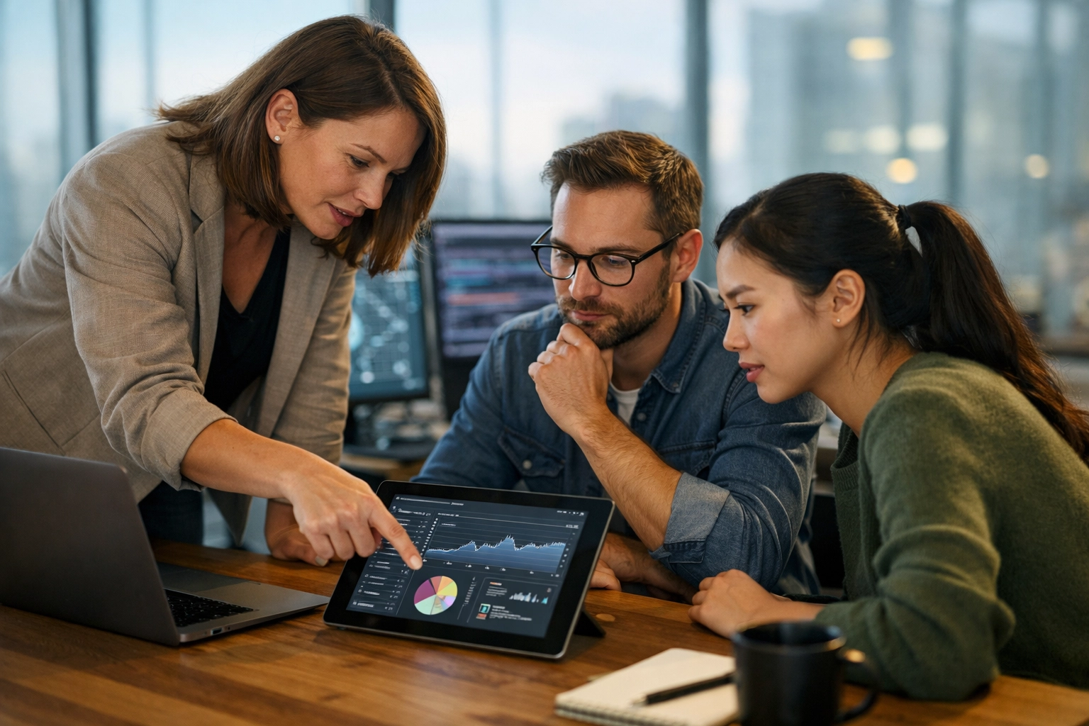 IT team collaborating over a digital dashboard to optimize ServiceNow ITOM and ITAM performance.