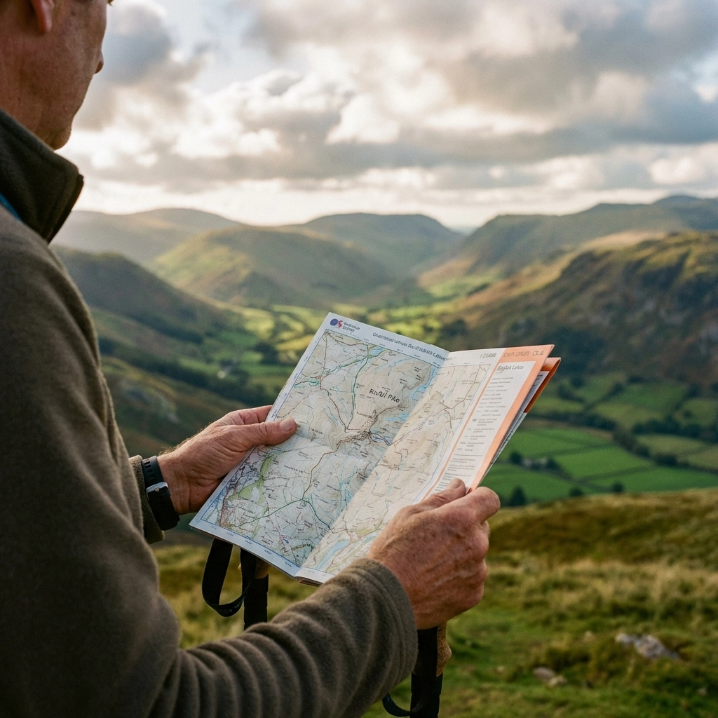Hiker holding Ordnance Survey map overlooking rolling valleys in the Lake District, planning a guided UK hike
