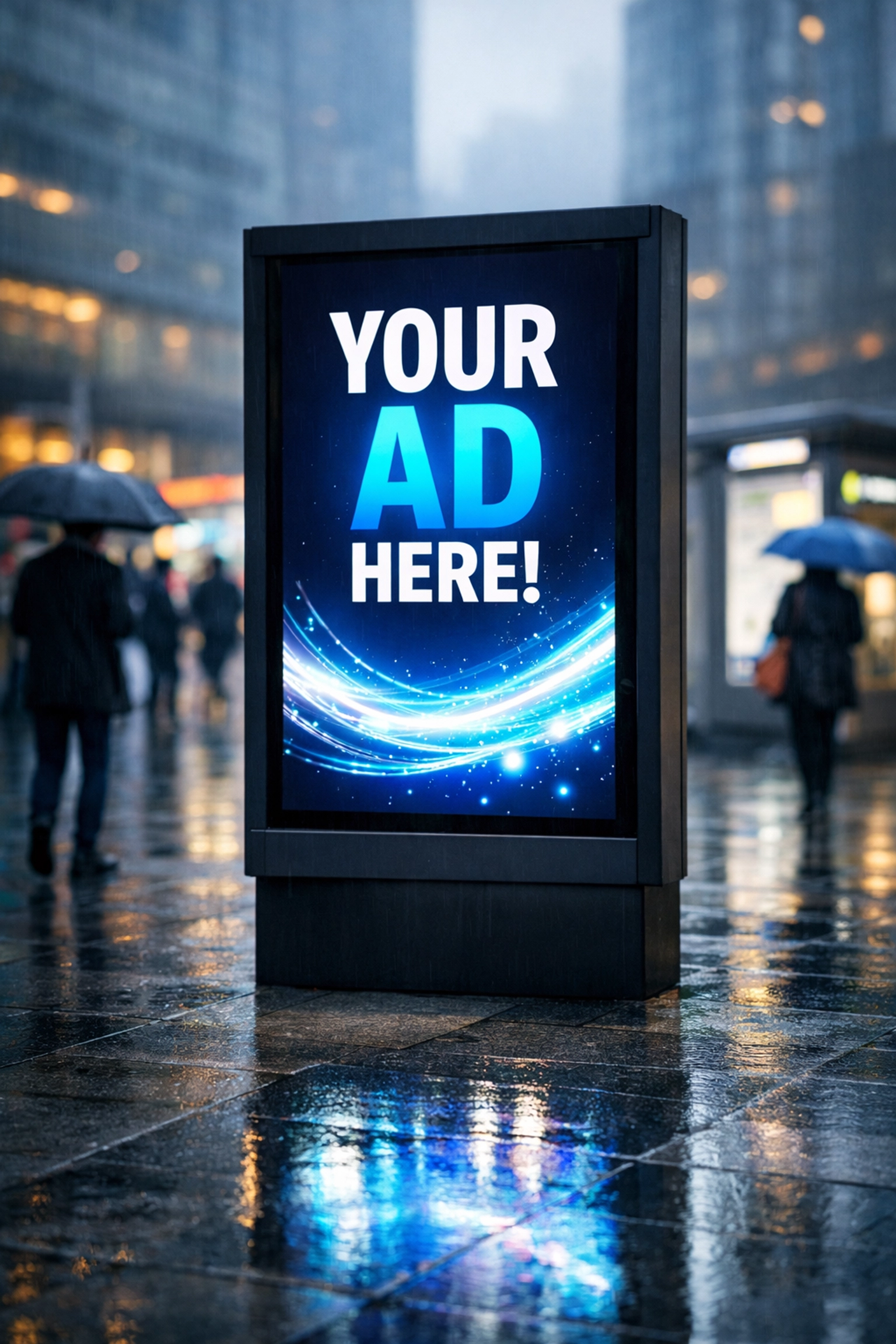 Digital DOOH screen in a rainy urban plaza showing weather-based advertising triggers.