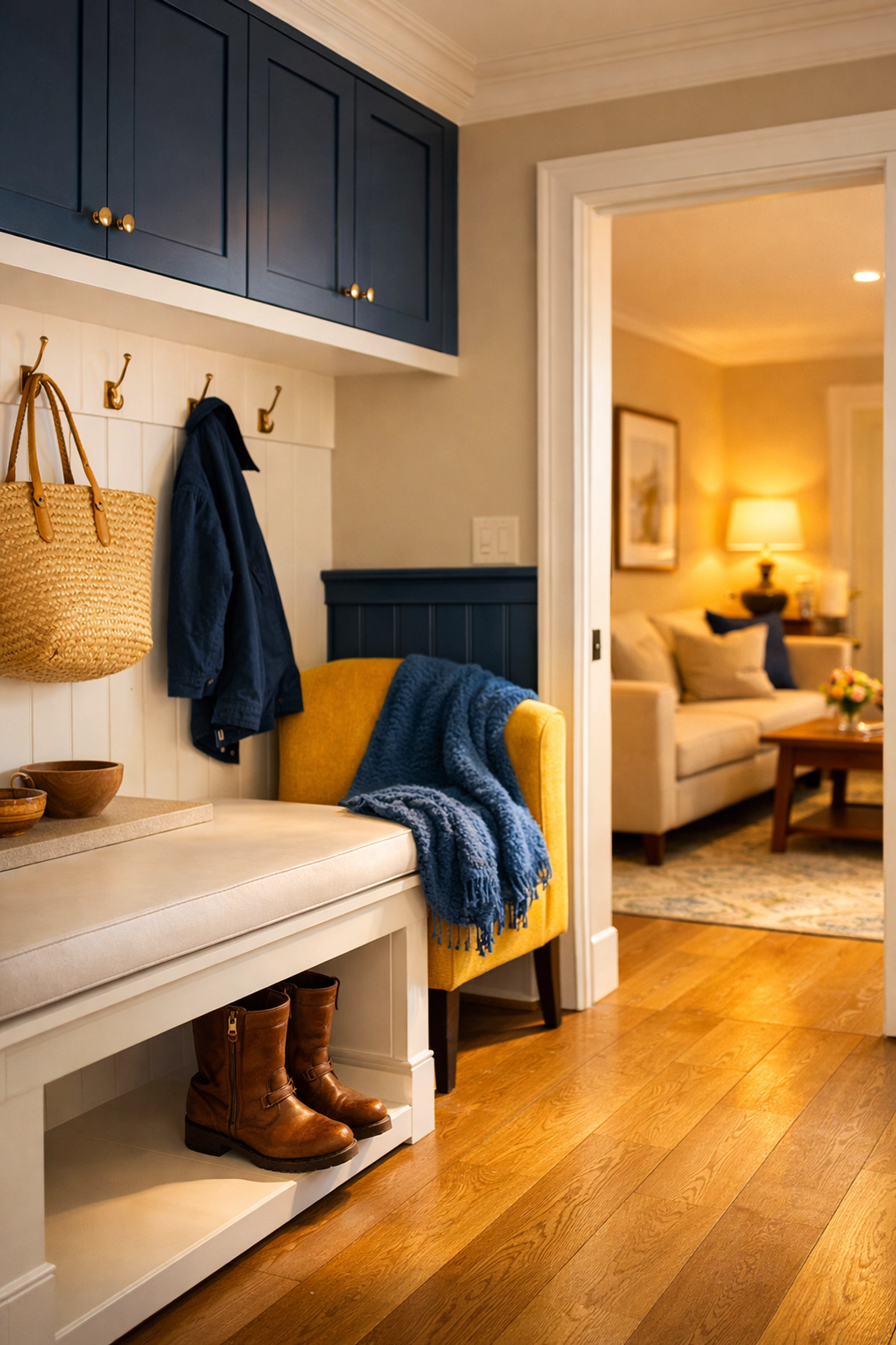 Gleaming, organized entryway in a Harvard home showing the results of monthly deep cleaning services.