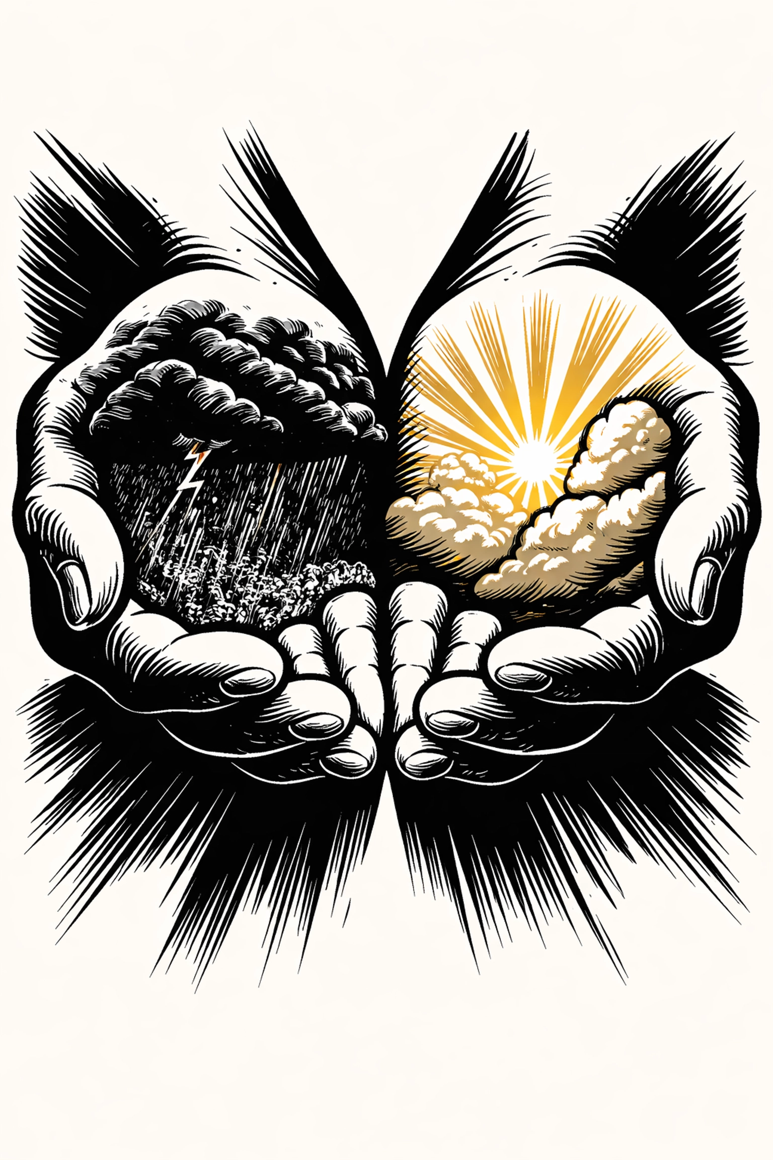 Illustration of two hands, one with rain clouds and one with sunlight, showing hope and gratitude in recovery.
