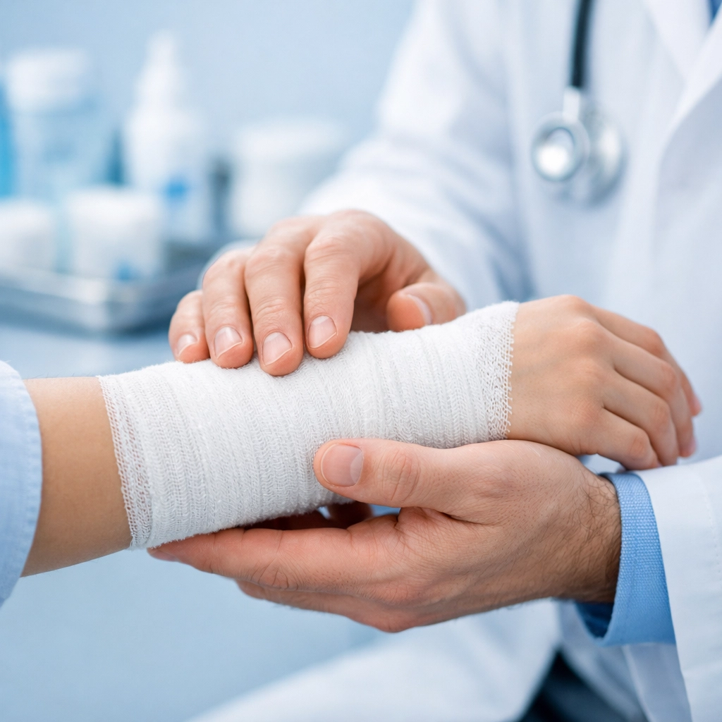 Boston dog bite lawyer: doctor examining bandaged arm injury after dog bite attack in medical clinic