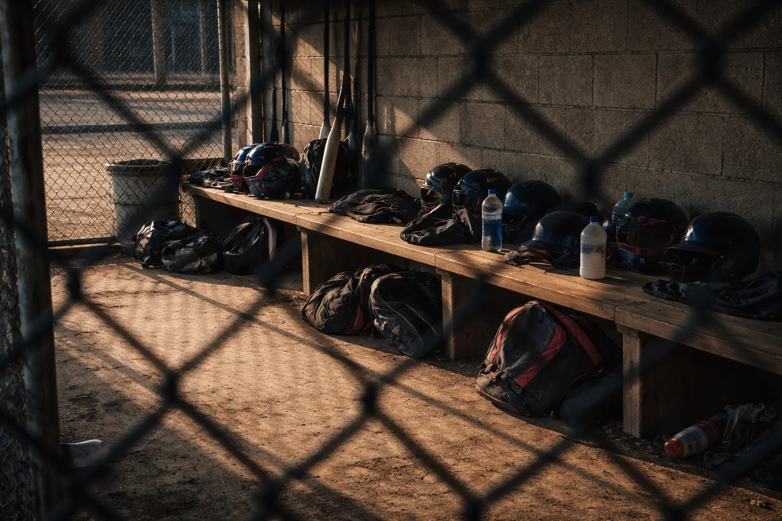 Empty high school baseball dugout with scattered equipment, reflecting hard work and daily discipline
