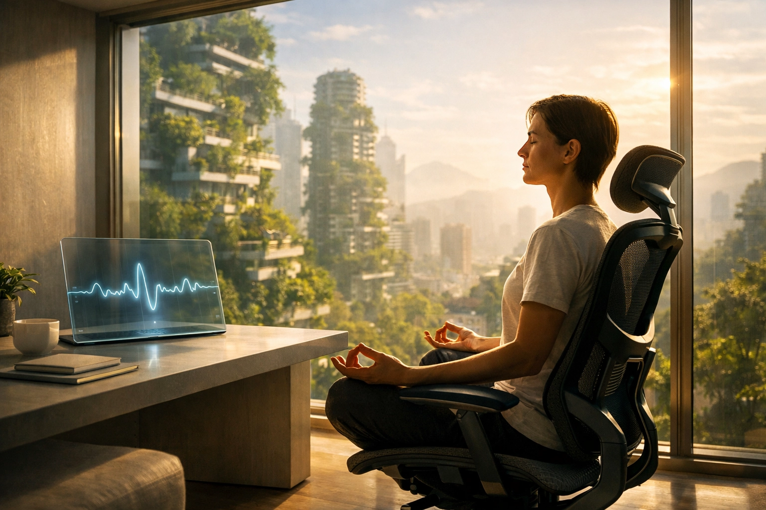 A person practicing mindful breathwork in a serene setting to improve heart rate variability and mental focus.