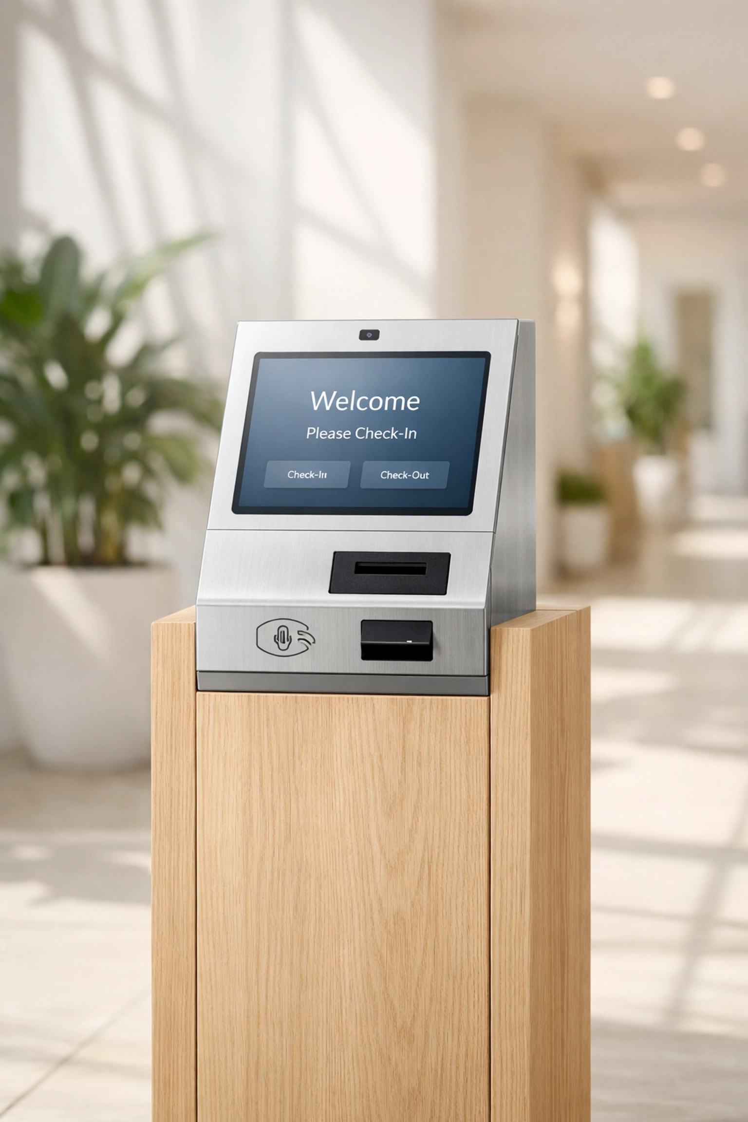 Modern self-check-in kiosk in a sunlit hotel lobby, illustrating efficient and automated guest registration.