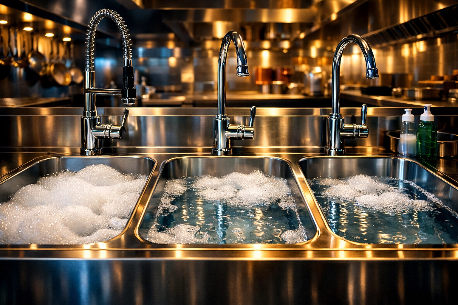 Sanitized three-compartment stainless steel sink in a clean professional restaurant kitchen.