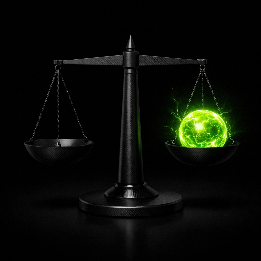 Modern legal scales with glowing green energy symbolizing strategic keyword integration for accident attorneys.