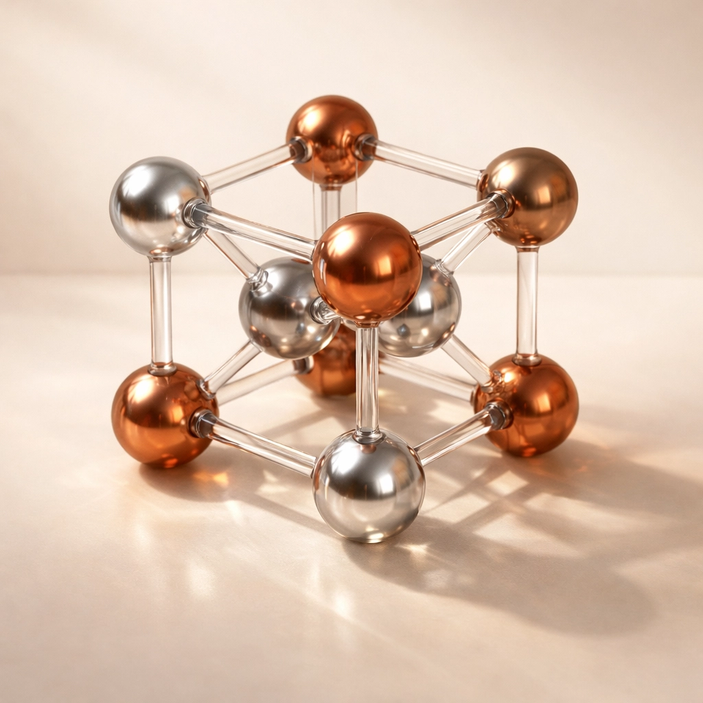 Crystal unit cell structure showing metallic spheres and bonds for Chemistry Olympiad