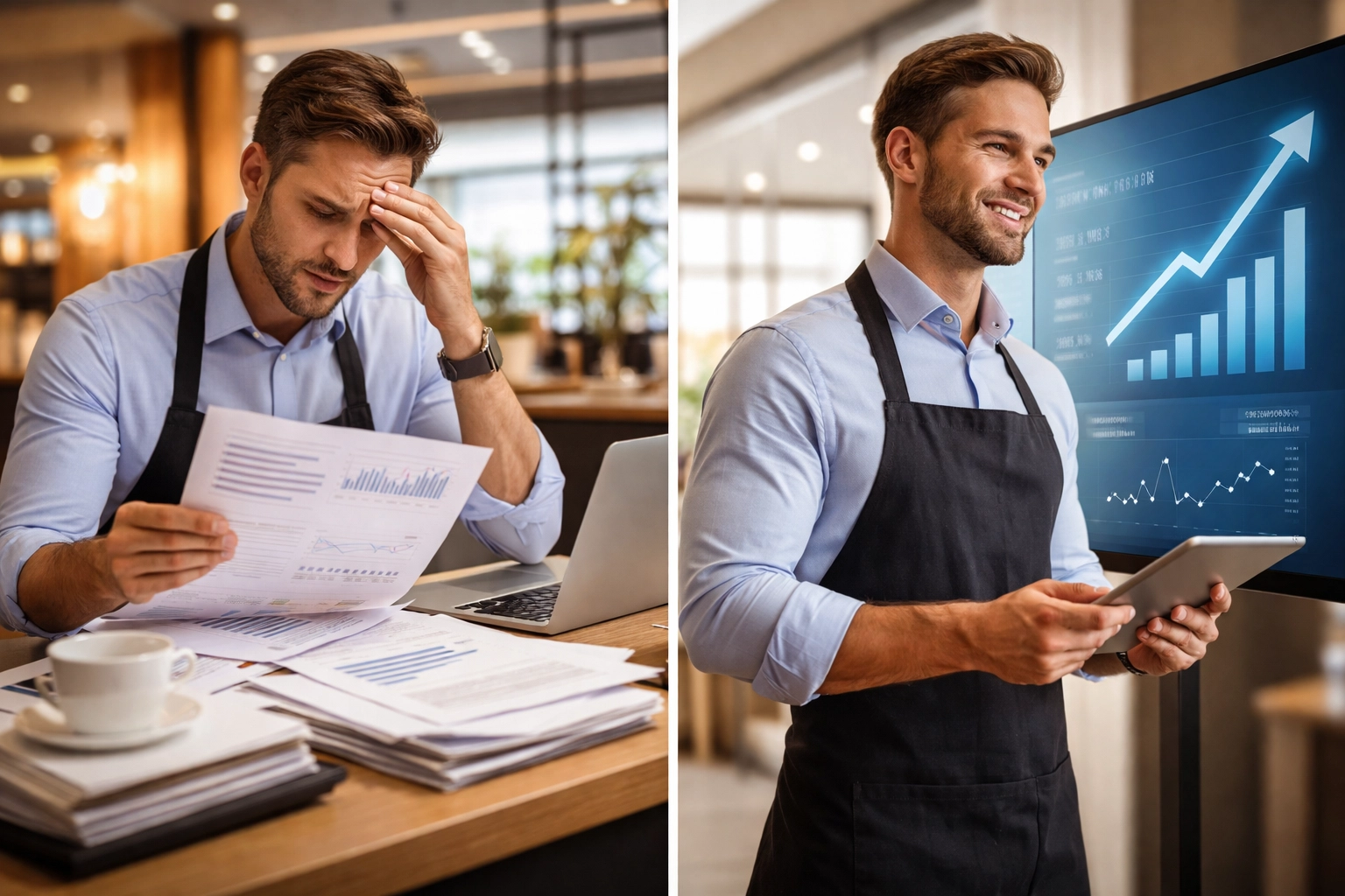 Restaurant manager comparing reactive reports to predictive intelligence analytics for smarter forecasting