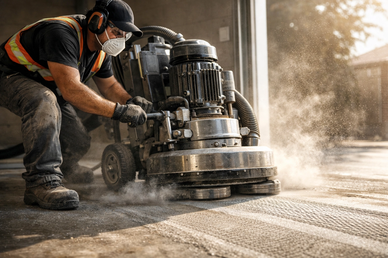 Professional concrete grinding preparation for one-day garage floor coating installation