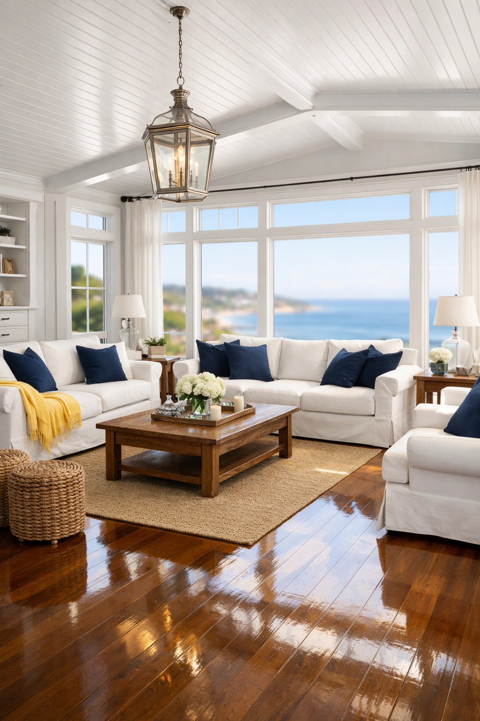 Clean coastal living room with polished floors, part of our residential cleaning services in Dennis Port.