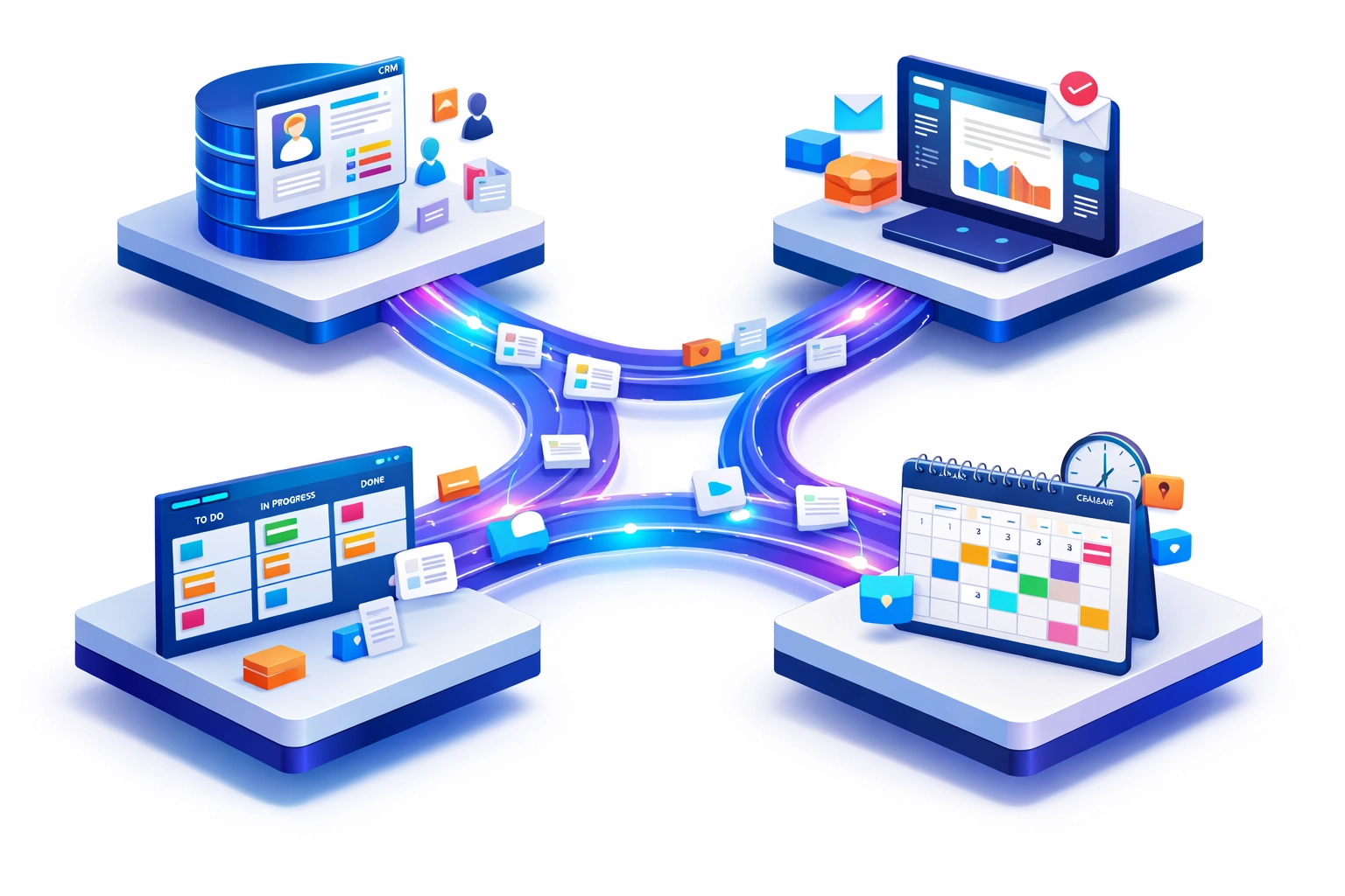 Interconnected business automation tools showing CRM, email, and project management integration