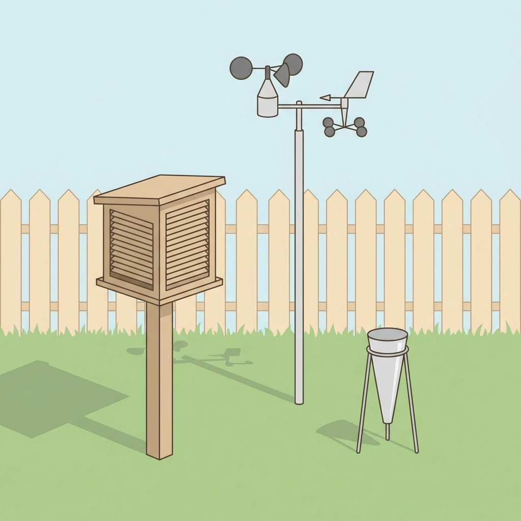 Backyard weather station setup with shelter box, anemometer, wind vane, and rain gauge on grass