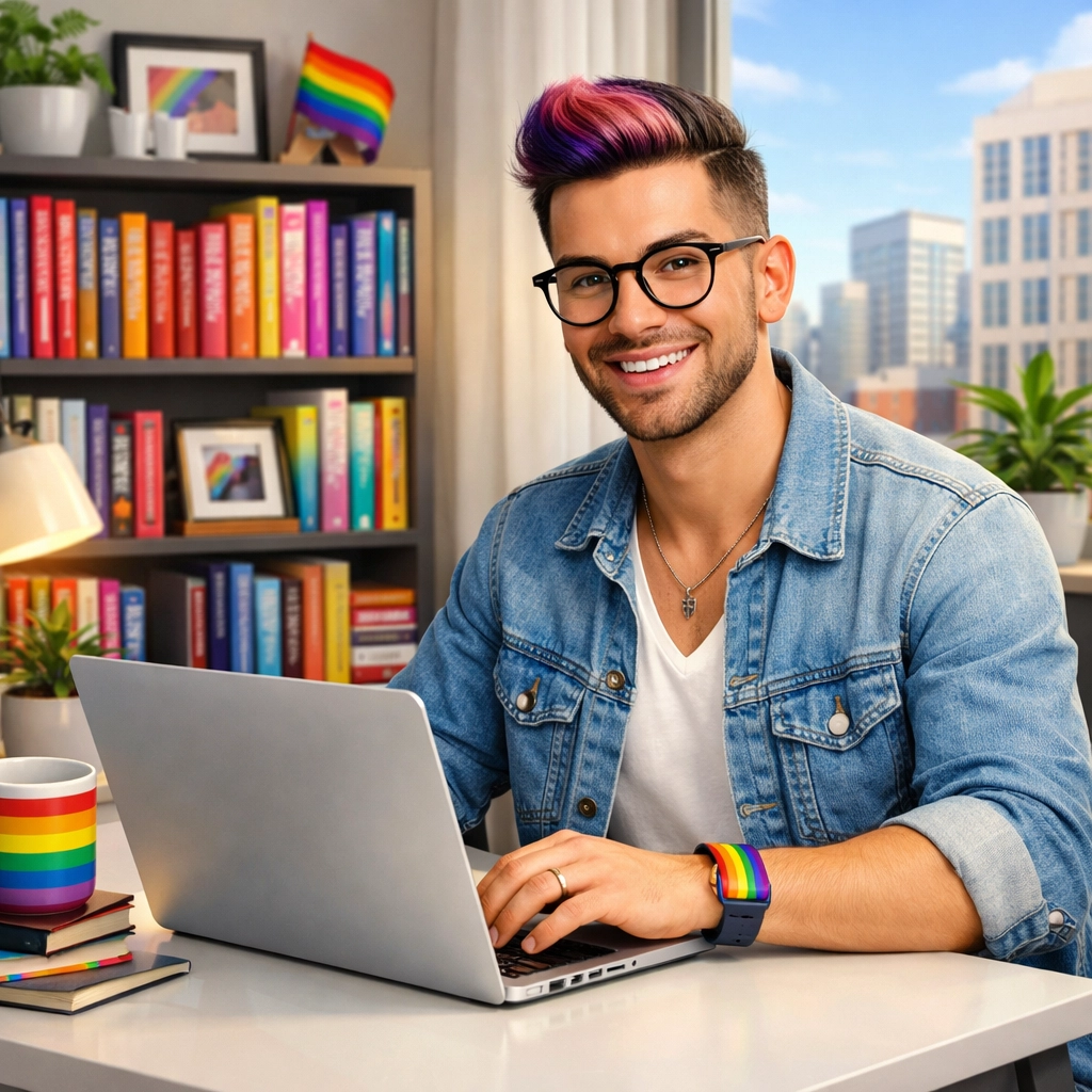 A smiling queer author works on an LGBTQ+ ebook at a modern desk, representing the Read with Pride community.