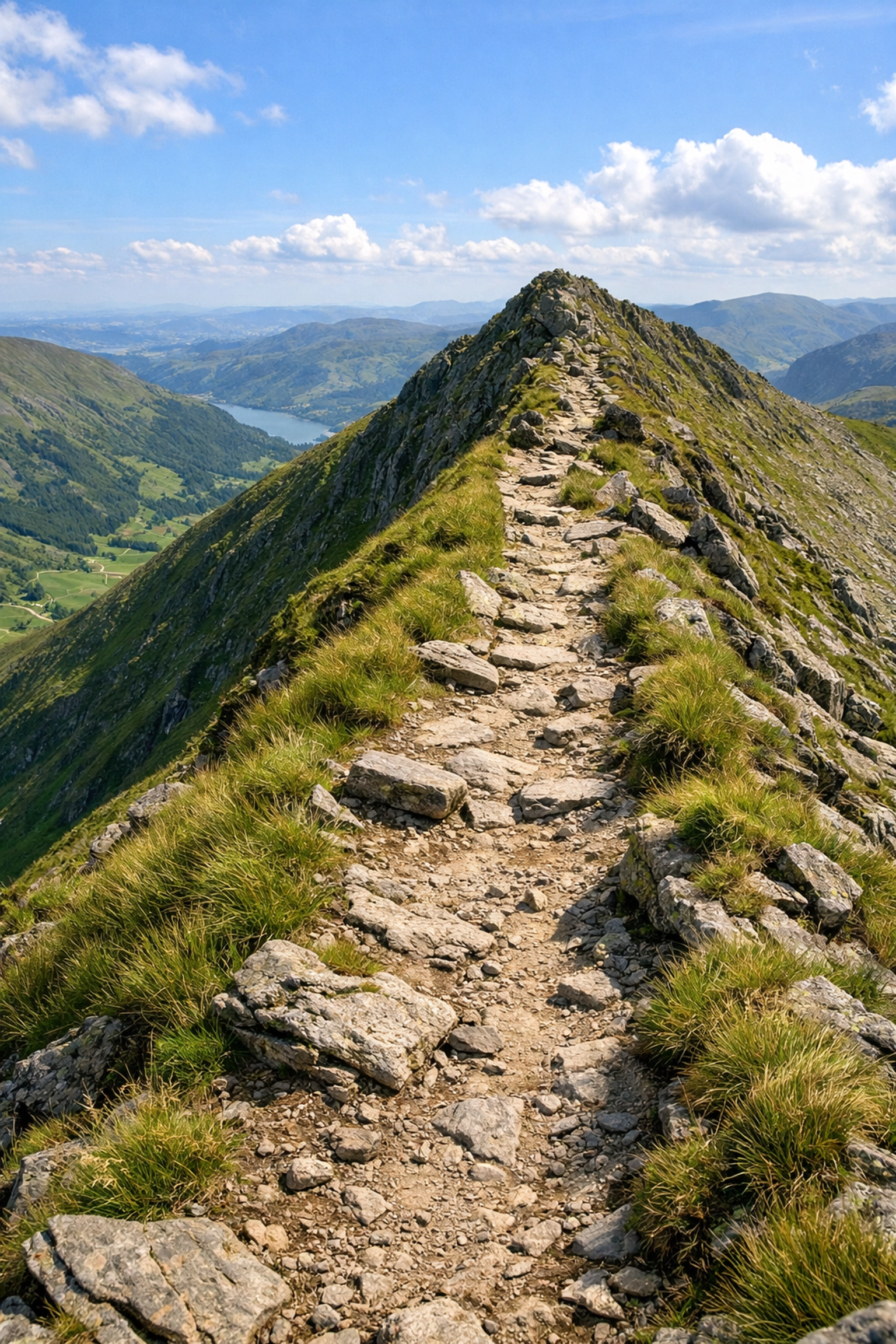 A narrow ridgeline hiking path on Helvellyn overlooking a lush valley in the Lake District National Park.