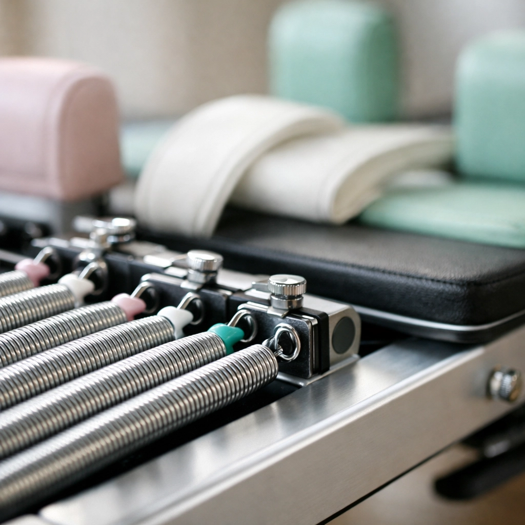 Reformer Pilates machine springs and carriage showing adjustable resistance system