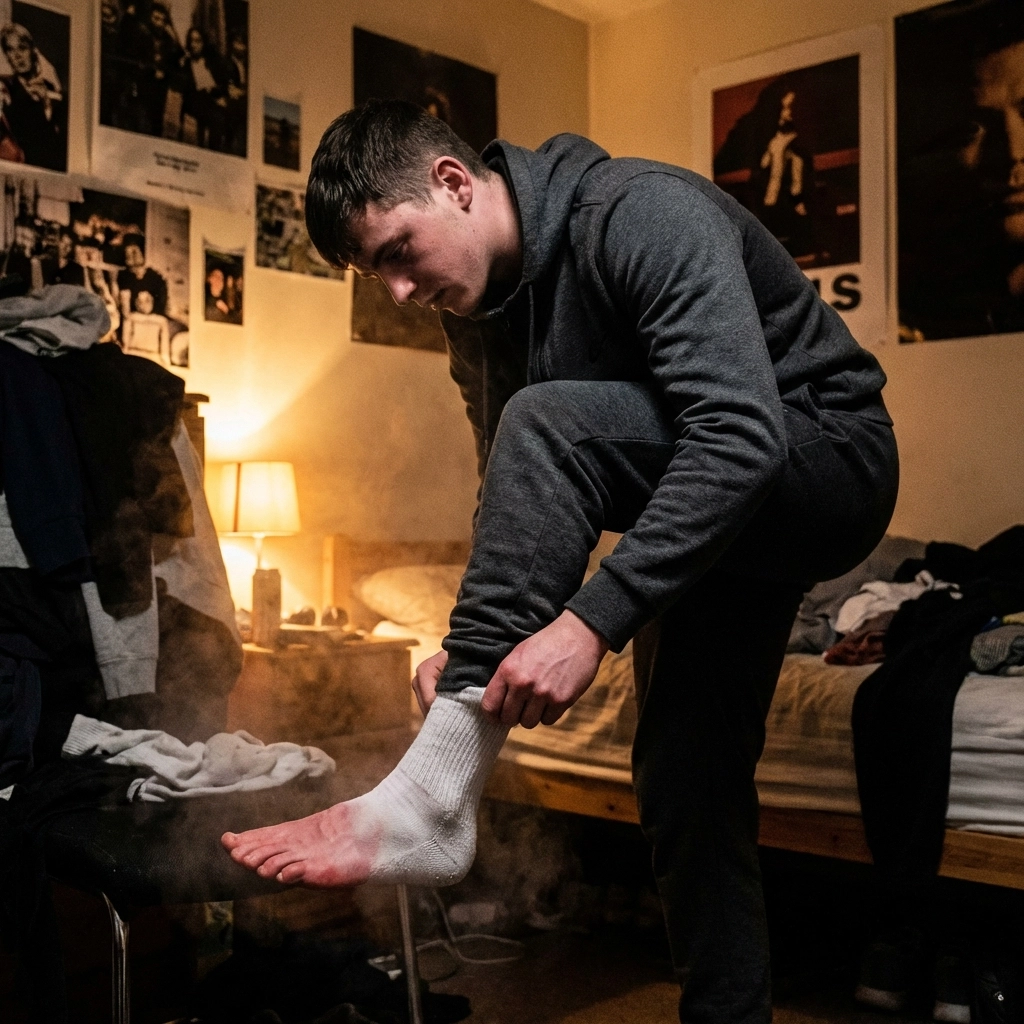 Scally lad removing a damp white sock to release the scent of stinky men feet.