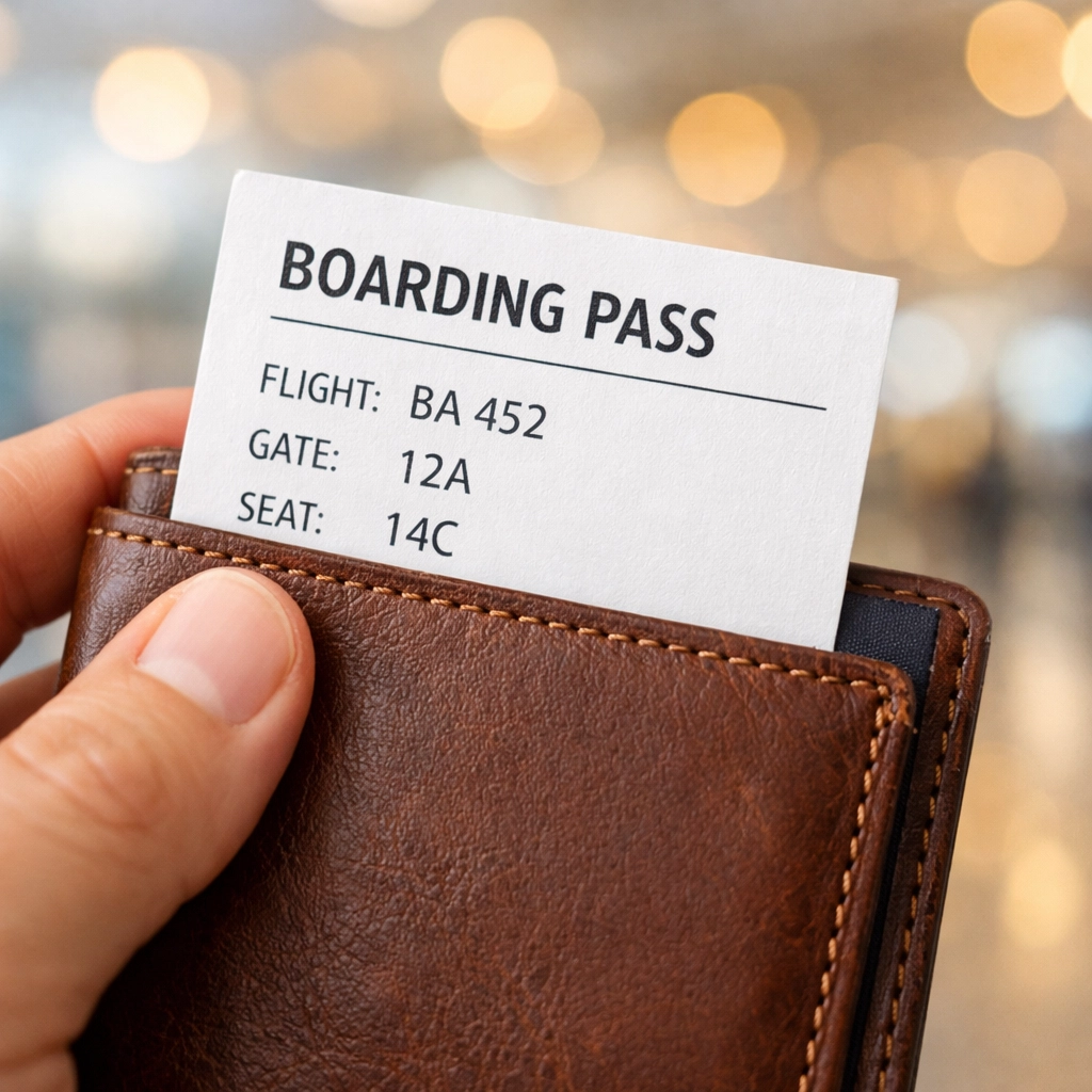 Traveler holding a printed boarding pass and leather passport cover to avoid airport digital document issues.