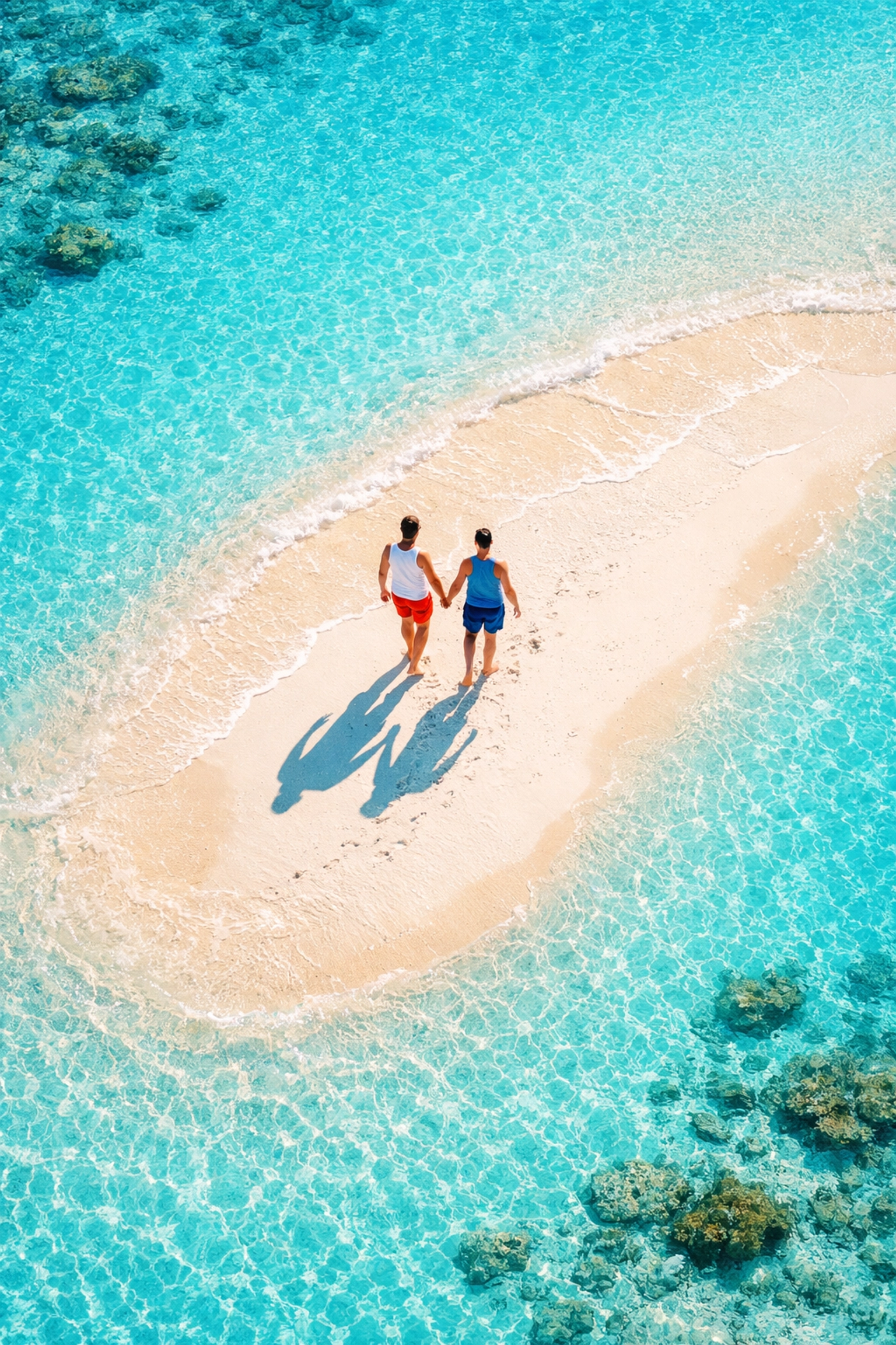 Gay couple holding hands on secluded Maldives sandbank surrounded by turquoise water