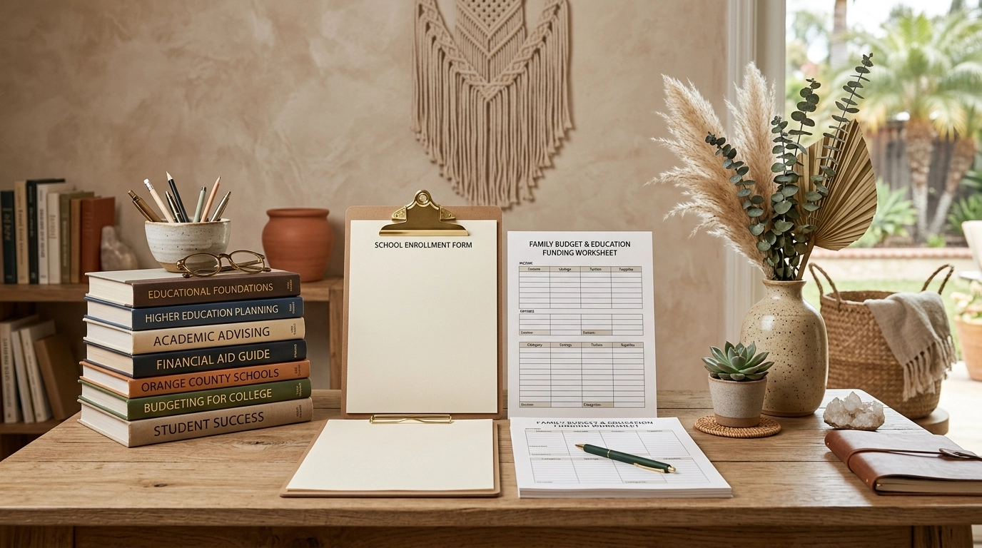 Stacked books, school forms, and a family budget worksheet in a refined Boho Chic academic workspace