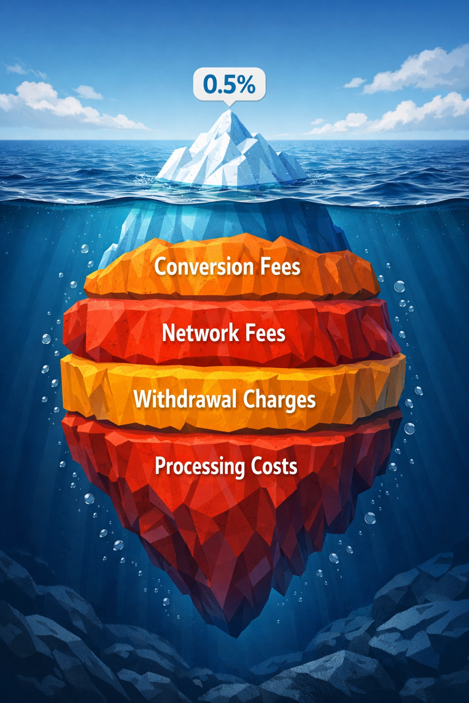 Hidden crypto payment fees visualized as iceberg showing conversion and withdrawal charges