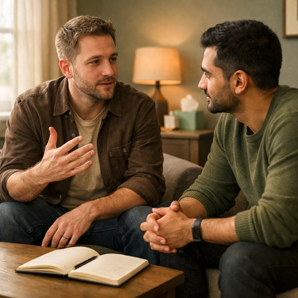 Two men in LGBTQ+ therapy session discussing compulsive sexual behavior healing