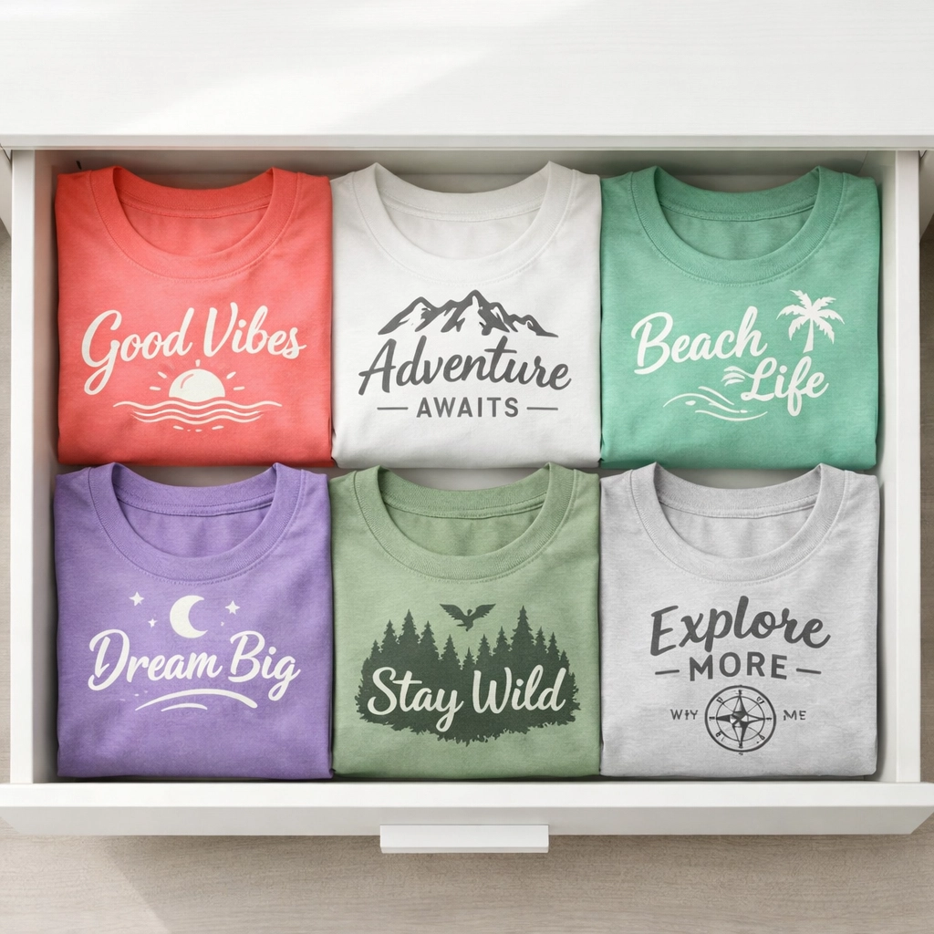 Neatly organized custom printed t-shirts stored properly in drawer
